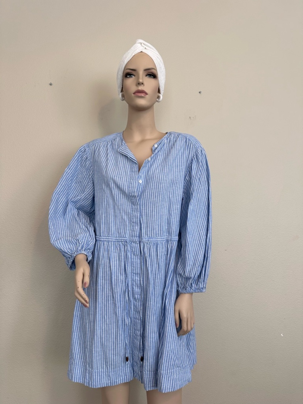 H&M Light Blue & White Striped Mini Shirt Dress